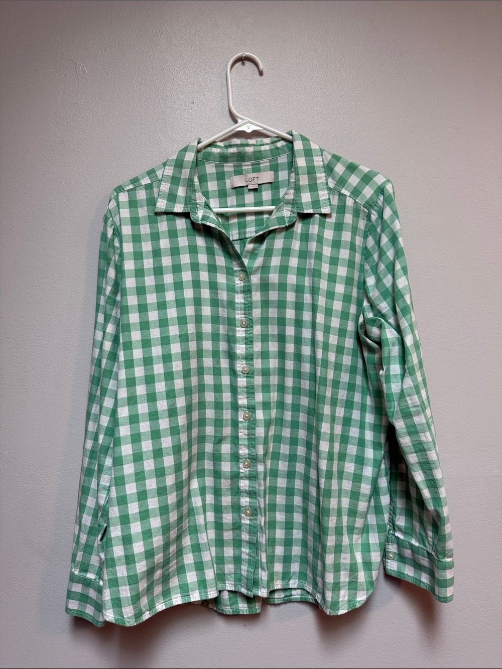 LOFT Green and White Gingham Button-Down Shirt
